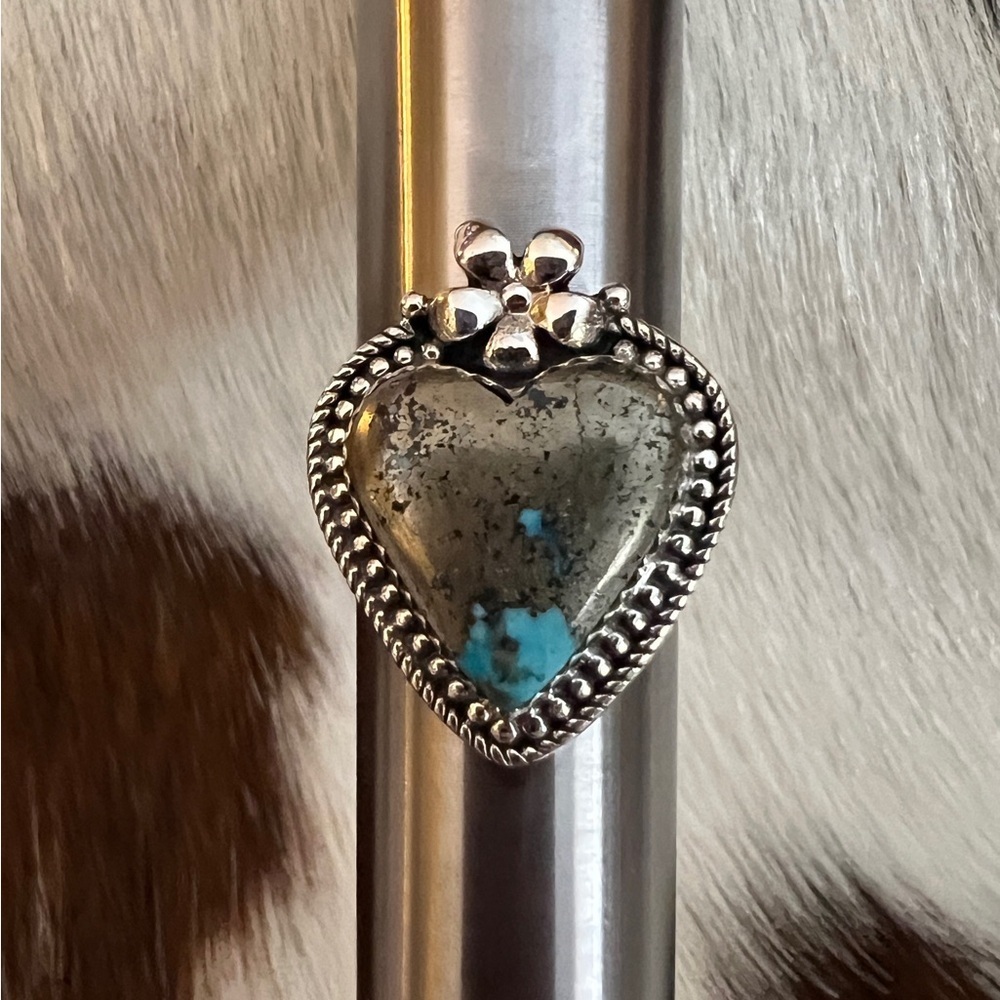 ❤️ Rare Persian Turquoise w Pyrite Heart Squash Blossom Navajo 925 Adj Ring 8.9G